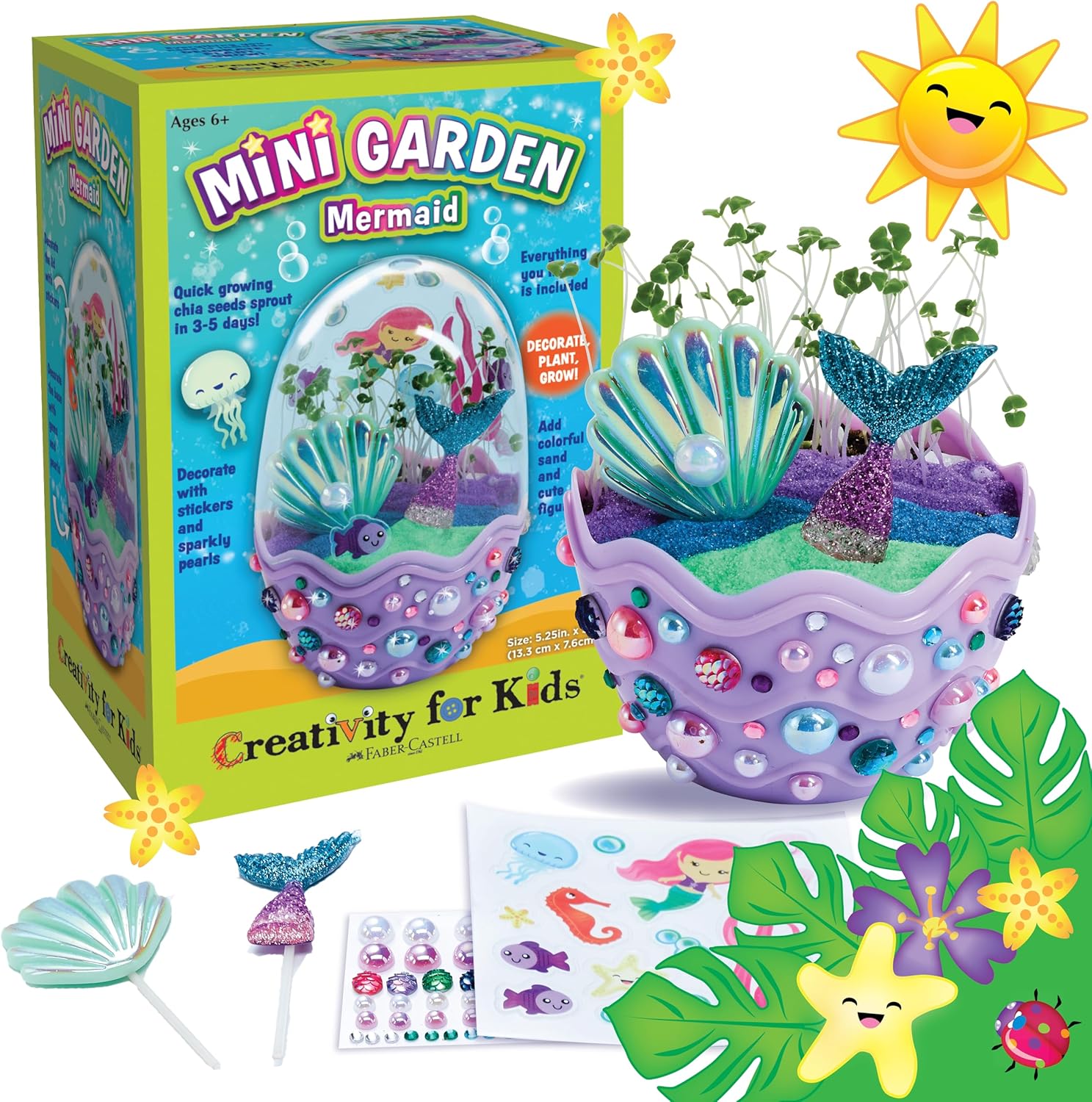 Creativity for Kids Mini Garden Mermaid Kit - Grow Your Own Chia Seed Garden Sand, Stickers, Sparkly Pearls & Mermaid Figurines Ages 6+