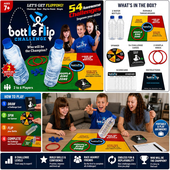 Bottle Flip Challenge Game – 54 Challenges Family Party Game Ages 7+ 2–6 Players