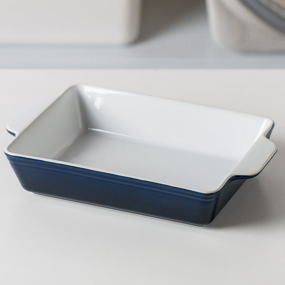 Ceramic Baking Dish Set, Blue and White, Rectangular, 3 Piece Nesting Set with Handles, 17cm to 31cm