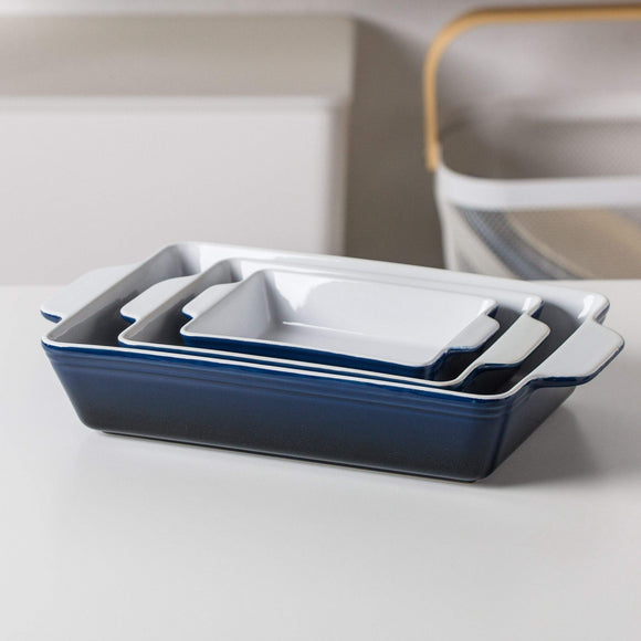 Ceramic Baking Dish Set, Blue and White, Rectangular, 3 Piece Nesting Set with Handles, 17cm to 31cm