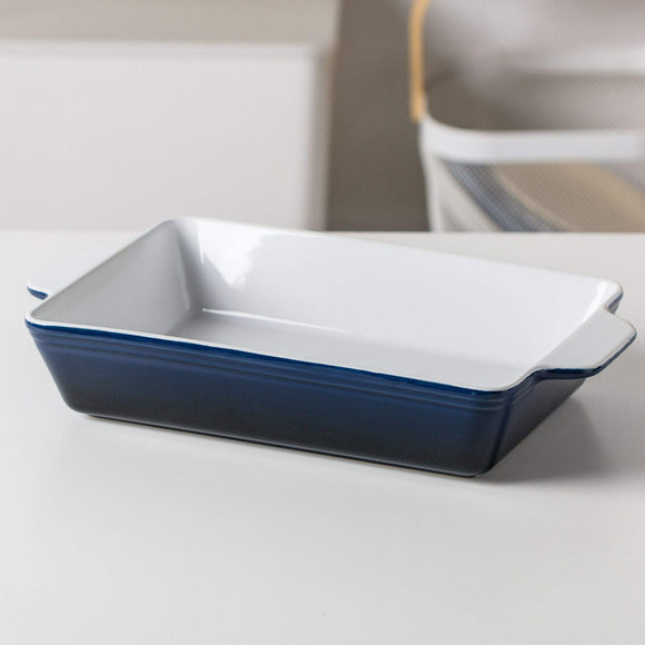 Ceramic Baking Dish Set, Blue and White, Rectangular, 3 Piece Nesting Set with Handles, 17cm to 31cm