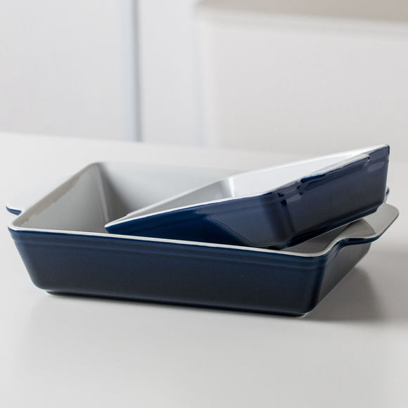 Ceramic Baking Dish Set, Blue and White, Rectangular, 3 Piece Nesting Set with Handles, 17cm to 31cm