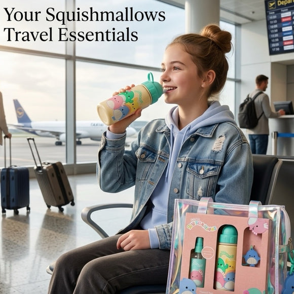 Squishmallows Kids Travel Gift Set Body Mist 100ml Water Bottle 500ml & Charm Strawberry Scent Cute Accessories