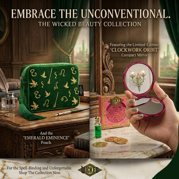 Official Wicked Gift Collection - Green Cosmetic Makeup Bag + Pink Compact Mirror