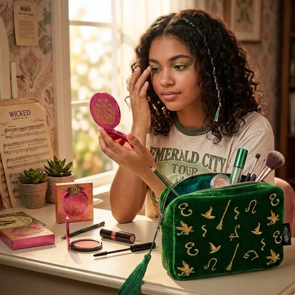 Official Wicked Gift Collection - Green Cosmetic Makeup Bag + Pink Compact Mirror