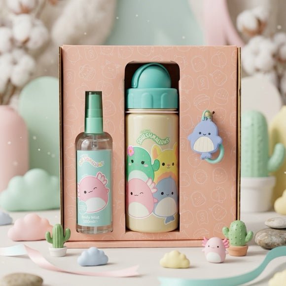 Squishmallows Kids Travel Gift Set Body Mist 100ml Water Bottle 500ml & Charm Strawberry Scent Cute Accessories