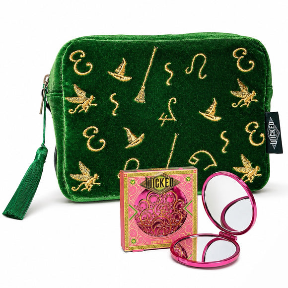 Official Wicked Gift Collection - Green Cosmetic Makeup Bag + Pink Compact Mirror