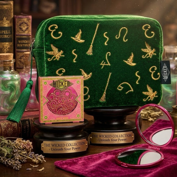Official Wicked Gift Collection - Green Cosmetic Makeup Bag + Pink Compact Mirror
