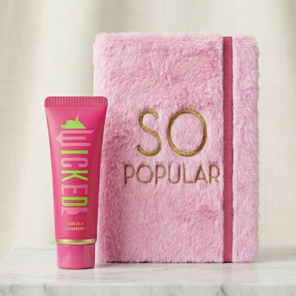 Wicked “So Popular” Gift Set – Pink Furry Notebook & Hand Balm