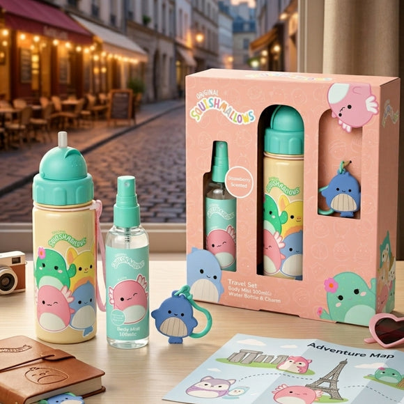 Squishmallows Kids Travel Gift Set Body Mist 100ml Water Bottle 500ml & Charm Strawberry Scent Cute Accessories
