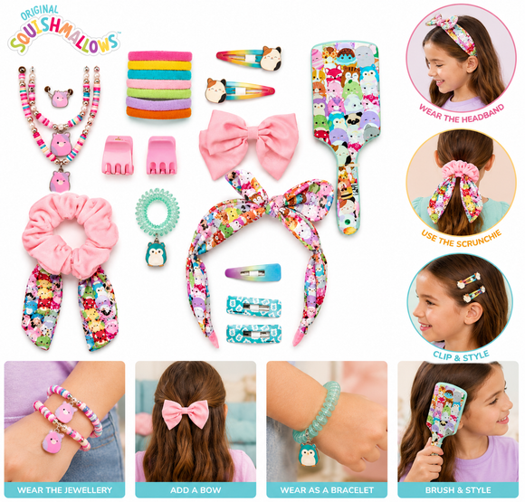 Squishmallows Hair Styling Jewellery Set 24 Hair Accessories for Girls 3-7 Years