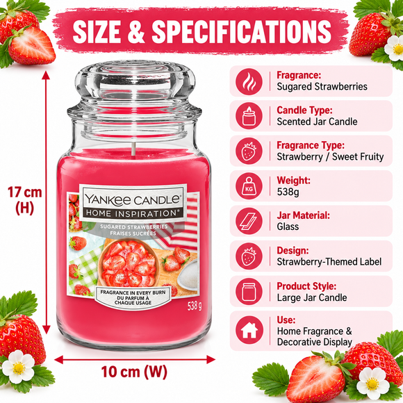  538g Sugared Strawberries candle jar for a welcoming home atmosphere
