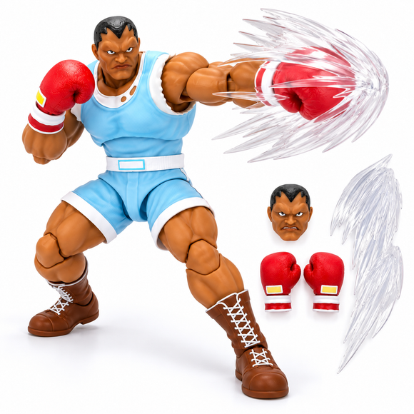 Street Fighter II Balrog collectible action figure displayed with gaming memorabilia
