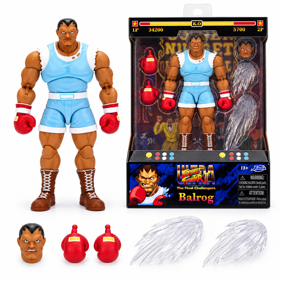 Detailed Jada Street Fighter Balrog action figure with sculpted boxing gloves and outfit
