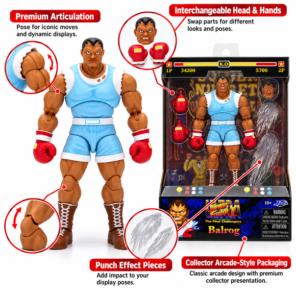 Fully poseable Balrog Street Fighter II action figure in powerful boxing stance

