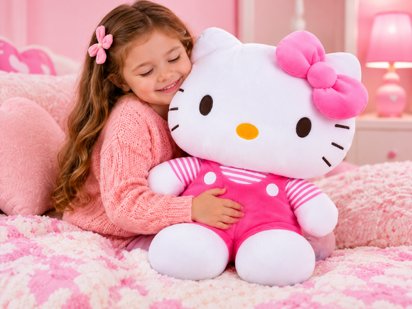 Hello Kitty soft plush stuffed doll with colourful outfit and matching bow
