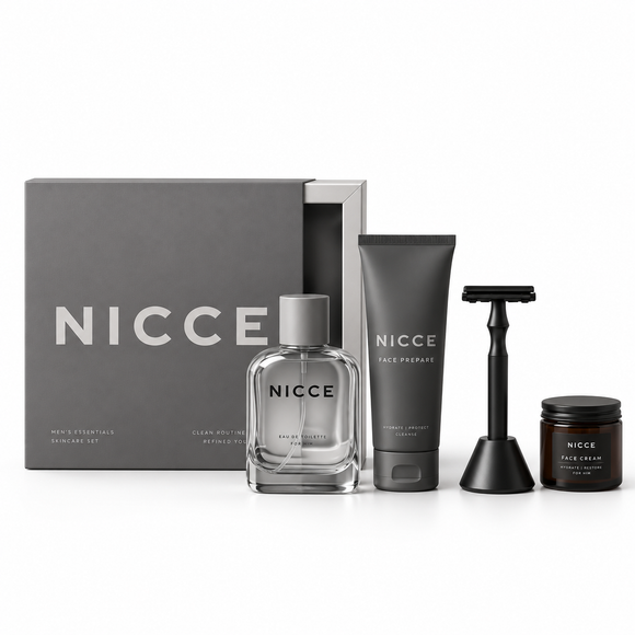  Nicce grey skincare set in compact beauty and personal care packaging
