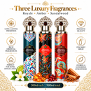 Oriental Fragrances 3 Pack Air Freshener Set featuring Royale, Amber and Sandalwood 300ml room sprays with luxurious Arabian-inspired designs, perfect for home, office and gifting.
