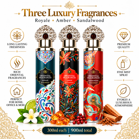Oriental Fragrances 3 Pack Air Freshener Set featuring Royale, Amber and Sandalwood 300ml room sprays with luxurious Arabian-inspired designs, perfect for home, office and gifting.

