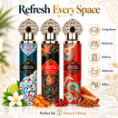 Luxury Oriental Fragrances Air Freshener 900ml Set displayed in a stylish bedroom, featuring three scented room sprays ideal for living rooms, bedrooms and gifting.
