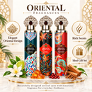 Oriental Fragrances 3 Pack Luxury Air Freshener Spray Set with Royale, Amber and Sandalwood scents, 300ml each, featuring elegant decorative cans for home fragrance.
