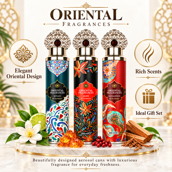 Oriental Fragrances 3 Pack Luxury Air Freshener Spray Set with Royale, Amber and Sandalwood scents, 300ml each, featuring elegant decorative cans for home fragrance.

