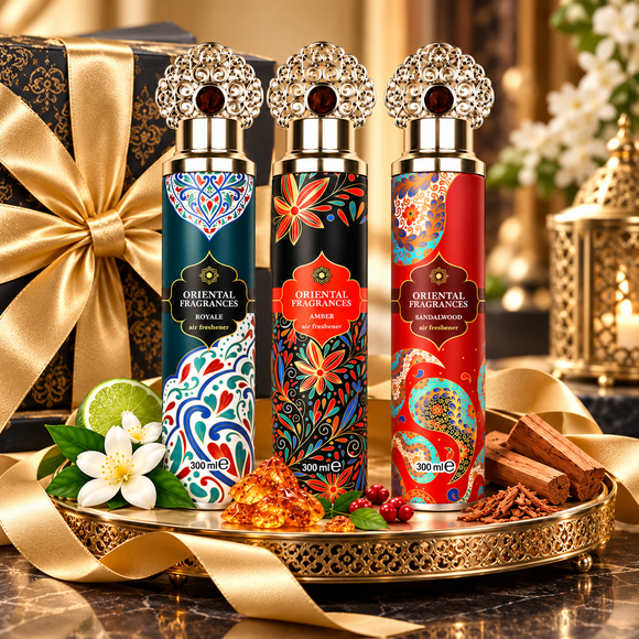Arabian inspired air freshener set with decorative aerosol cans
