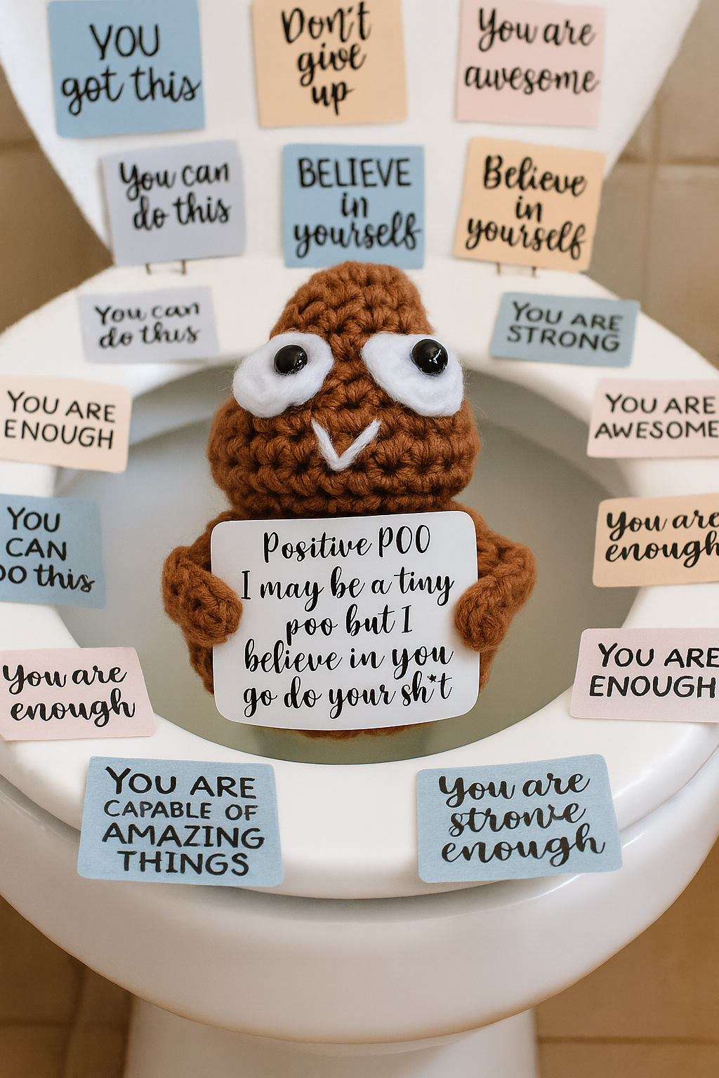 Funny Crochet Poop Plushie with Sign Positive Poo Encouragement Gift Handmade