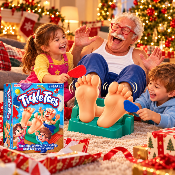  Close-up of Grandad Tickle Toes character with his feet showing under a red blanket
