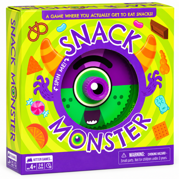 Snack Monster kids board game for ages 4 plus, fun family counting and strategy game for 2 to 6 players.
