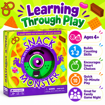 Snack Monster children's educational board game encouraging counting, decision making and family fun.
