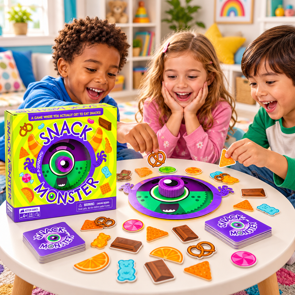Snack Monster multiplayer kids board game for 2 to 6 players, suitable for family game nights and indoor fun.