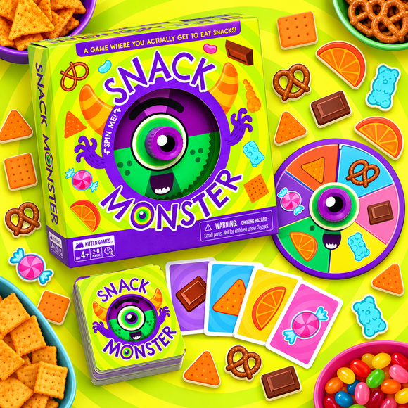 Snack Monster kids learning and counting game for ages 4 and above, entertaining family activity for 2 to 6 players.