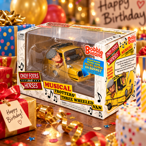  Only Fools and Horses Bobble Buddies infographic highlighting musical theme tune, push bonnet activation and gift boxed design.
