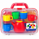 Main Product Image: Peterkin Toy Tea Set in Transparent Carry Case with Colourful Plastic Cups and Red Teapot, 31 x 26 x 9 cm.
