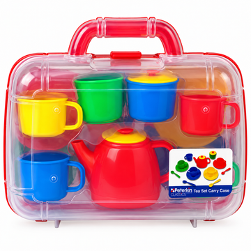 Main Product Image: Peterkin Toy Tea Set in Transparent Carry Case with Colourful Plastic Cups and Red Teapot, 31 x 26 x 9 cm.
