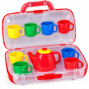  Features Infographic: Children's Plastic Tea Party Playset with Easy Carry Handle, Colourful Cups, Red Teapot and Pretend Kitchen Accessories.
