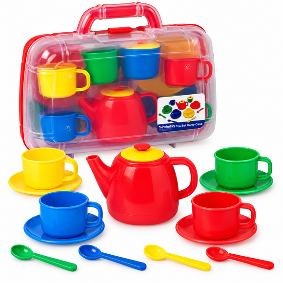 Open Carry Case: Peterkin Kids Tea Set with Open Plastic Carry Case Showing Colourful Toy Teapot and Cups for Pretend Play.
