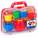  Children Playing Together: Two Children Enjoying Pretend Tea Party with Peterkin Plastic Tea Set, Colourful Cups, Teapot and Transparent Carry Case.
