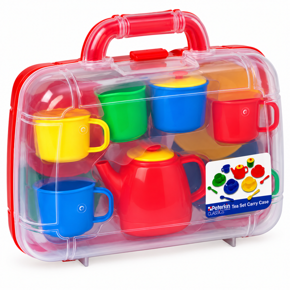  Children Playing Together: Two Children Enjoying Pretend Tea Party with Peterkin Plastic Tea Set, Colourful Cups, Teapot and Transparent Carry Case.

