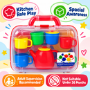  Lifestyle Playroom Image: Young Child Enjoying Pretend Tea Party with Peterkin Colourful Plastic Tea Set and Portable Carry Case in Playroom.
