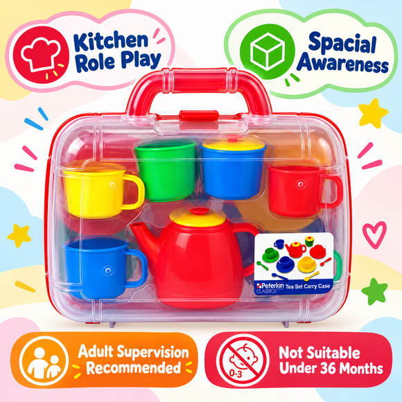  Lifestyle Playroom Image: Young Child Enjoying Pretend Tea Party with Peterkin Colourful Plastic Tea Set and Portable Carry Case in Playroom.
