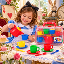  Size Infographic: Peterkin Toy Tea Set Carry Case Dimensions 31 x 26 x 9 cm with Portable Handle and Primary Colour Accessories.
