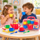  Complete Tea Set Display: Colourful Children's Toy Tea Set with Red Teapot, Plastic Cups, Saucers, Spoons and Portable Carry Case.
