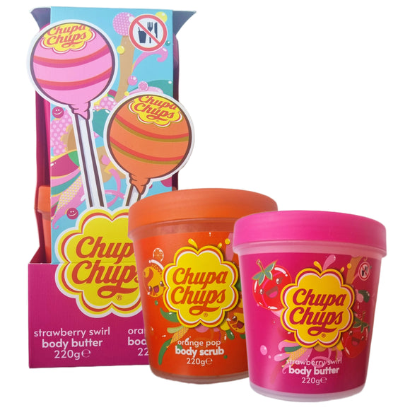Chupa Chups Strawberry Swirl Body Butter & Orange Pop Body Scrub Set Candy Theme