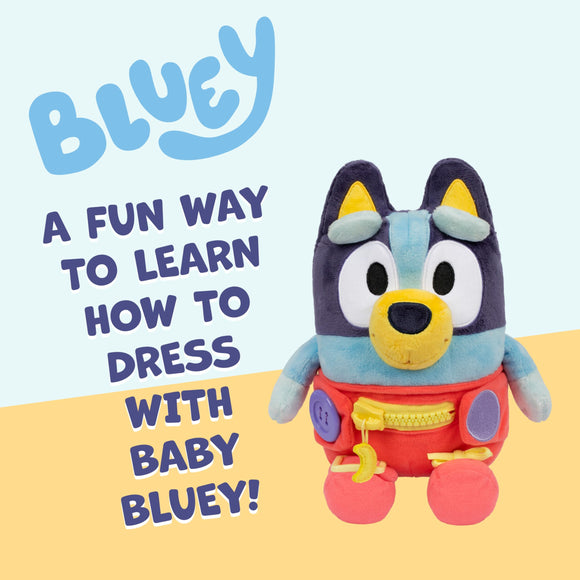 Dress & Play Baby Bluey Plush, Button, Zip, Buckle and Tie, Learn to Dress Dolls for Toddlers Ages 3+, Fine Motor Skills Buckle Toys