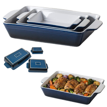 3 piece ceramic baking dish set in blue and white with rectangular nesting dishes and handles