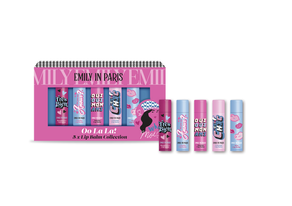 EMILY IN PARIS LIP BALMS- RASPBERRY, VANILLA, MATCHA, VANILLA, MINT - BOXED