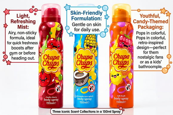 Chupa Chups Body Spray Collection x 3 (150ml) Cherry, Tutti Fruity & Pineapple and Coconut