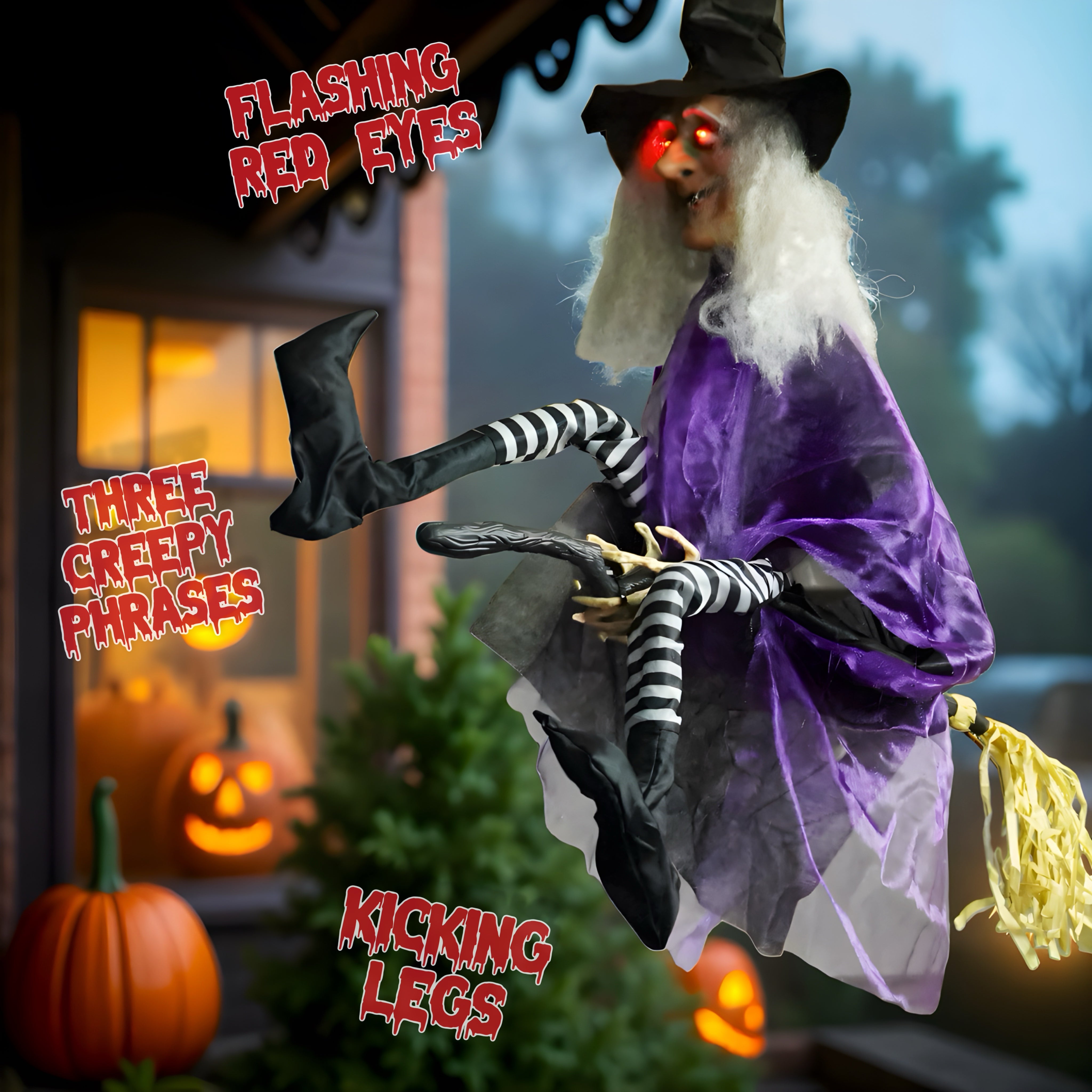 36" Animated Kicking Witch on Broomstick – Halloween Decoration with Batteries Included - 0